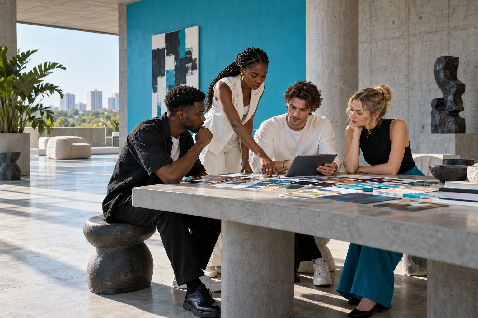 Business people from different backgrounds collaborating around a table in a bright studio